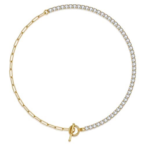 NUZON Gold CZ Tennis Necklace for Women 18K Gold Plated Paper Clip Link Chain Choker Sparkly Diamond Layering Jewelry Toggle Clasp 16.5’’ - Image 1