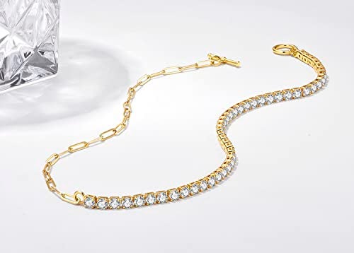 NUZON Gold CZ Tennis Necklace for Women 18K Gold Plated Paper Clip Link Chain Choker Sparkly Diamond Layering Jewelry Toggle Clasp 16.5’’ - Image 4