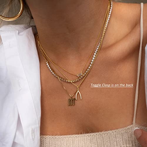 NUZON Gold CZ Tennis Necklace for Women 18K Gold Plated Paper Clip Link Chain Choker Sparkly Diamond Layering Jewelry Toggle Clasp 16.5’’ - Image 3