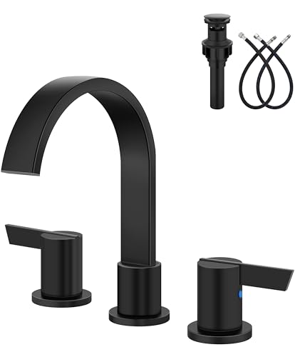 Aolemi Bathroom Faucets 3 Hole8 Inch Widespread Waterfall Bathroom Sink Faucet2 Handles Vanity Faucet with Popup Drain and Supply HoseMatte Black - Image 1