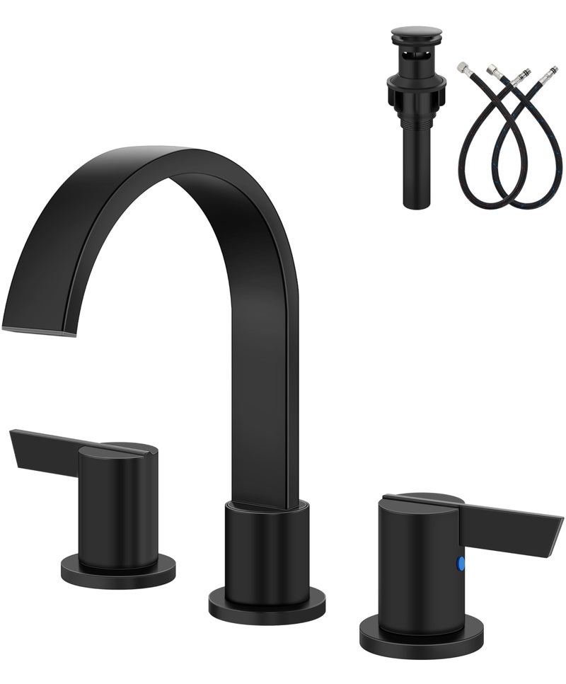 Aolemi Bathroom Faucets 3 Hole8 Inch Widespread Waterfall Bathroom Sink Faucet2 Handles Vanity Faucet with Popup Drain and Supply HoseMatte Black - Image 2