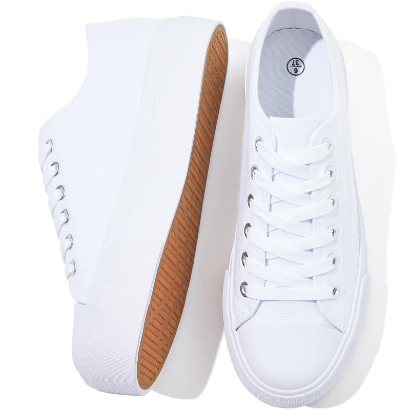 SERNIAL Womens White Platform Sneakers Low Top Platform Shoes Black Canvas Shoes for Women(Full White,US8) - Image 1