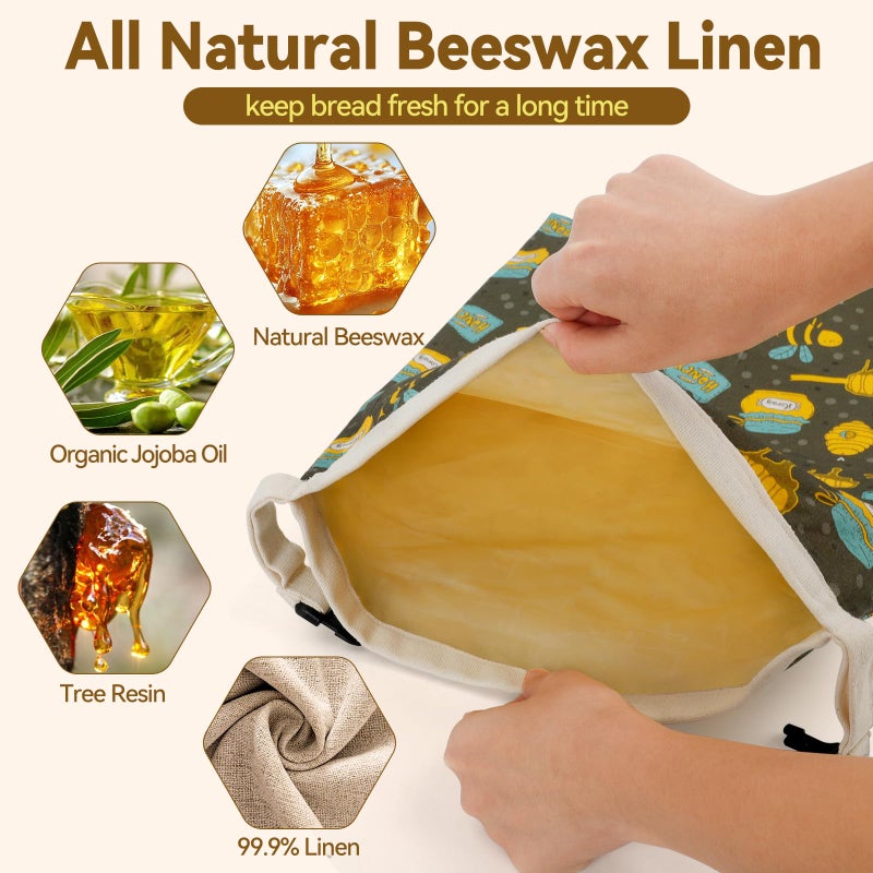 HAPYHOOM 2 Pack Natural Beeswax Bread Bags for Sourdough Homemade Bread, Reusable Natural Organic Linen, Food Storage Cloth Bag, Large Capacity Portable, Freezer-Friendly, Freshness Preservation - Image 2
