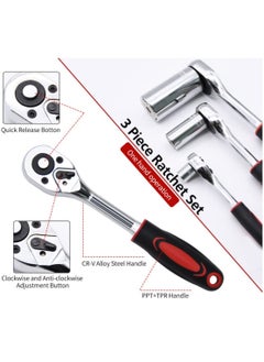 Excefore Ratchet Set, 3 Pcs Professional Heavy Duty Ratchet Tool Set, Durable Drive Ratchet Wrench 1/4", 3/8",1/2", Quick-release Reversible Ratchet Handle, Chrome Vanadium Steel Construction and Chrome Plated  - Image 3