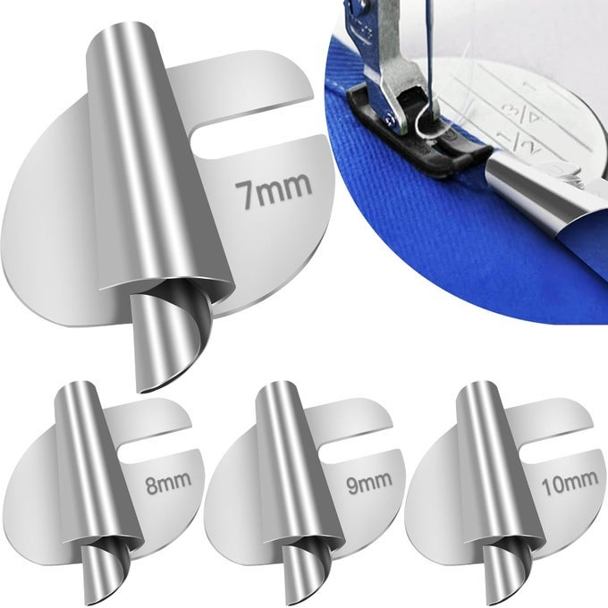 UNIVERSAL SEWING ROLLED HEMMER FOOT 4PCS ROLLED HEM PRESSER FOOT 78910MM WIDE ROLLING HEM FOOT SEWING MACHINE PRESSER FEET HEMMER HOME INDUSTRIAL CURVED SCROLL HEMMING FEET
