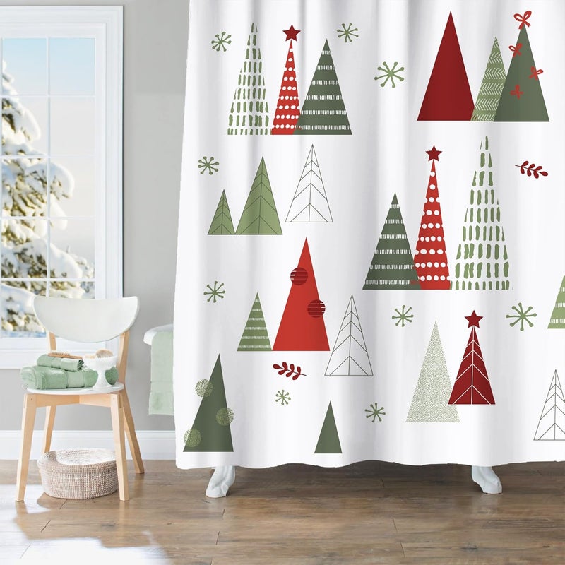Sunlit Geometric Modern Design Christmas Shower Curtain Christmas Tree Bathroom Home Office Holiday Wall Decoration as Tapestry and Photo Booth Backdrop Red Green White Printed - Image 5