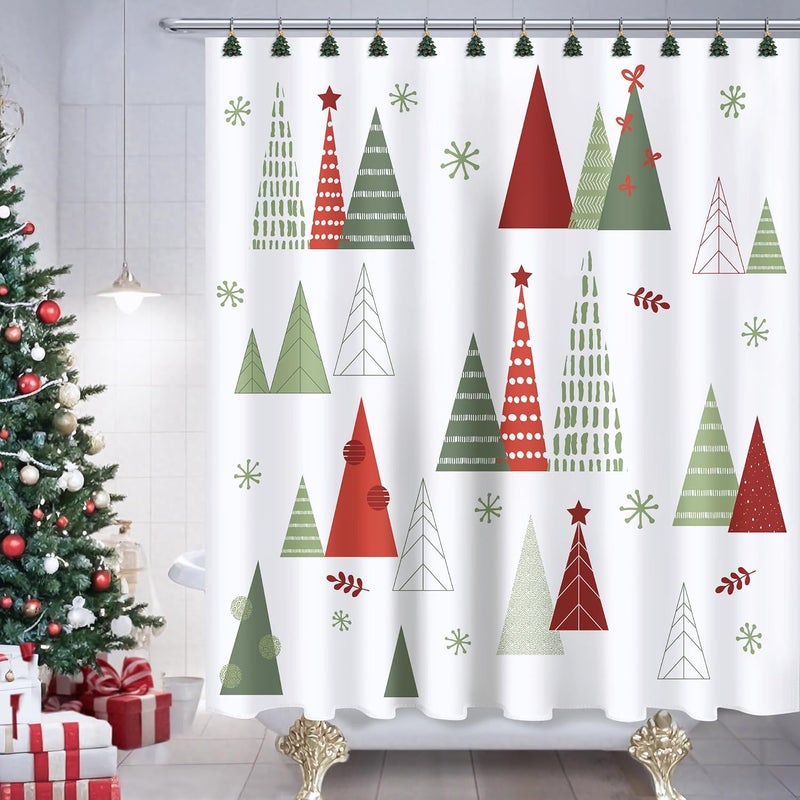 Sunlit Geometric Modern Design Christmas Shower Curtain Christmas Tree Bathroom Home Office Holiday Wall Decoration as Tapestry and Photo Booth Backdrop Red Green White Printed - Image 1