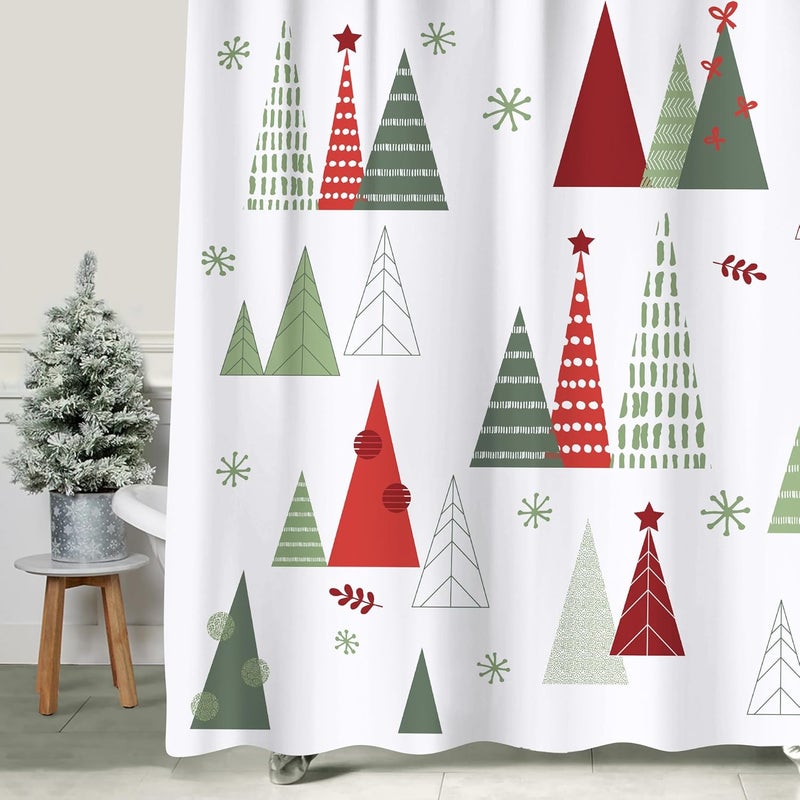 Sunlit Geometric Modern Design Christmas Shower Curtain Christmas Tree Bathroom Home Office Holiday Wall Decoration as Tapestry and Photo Booth Backdrop Red Green White Printed - Image 2