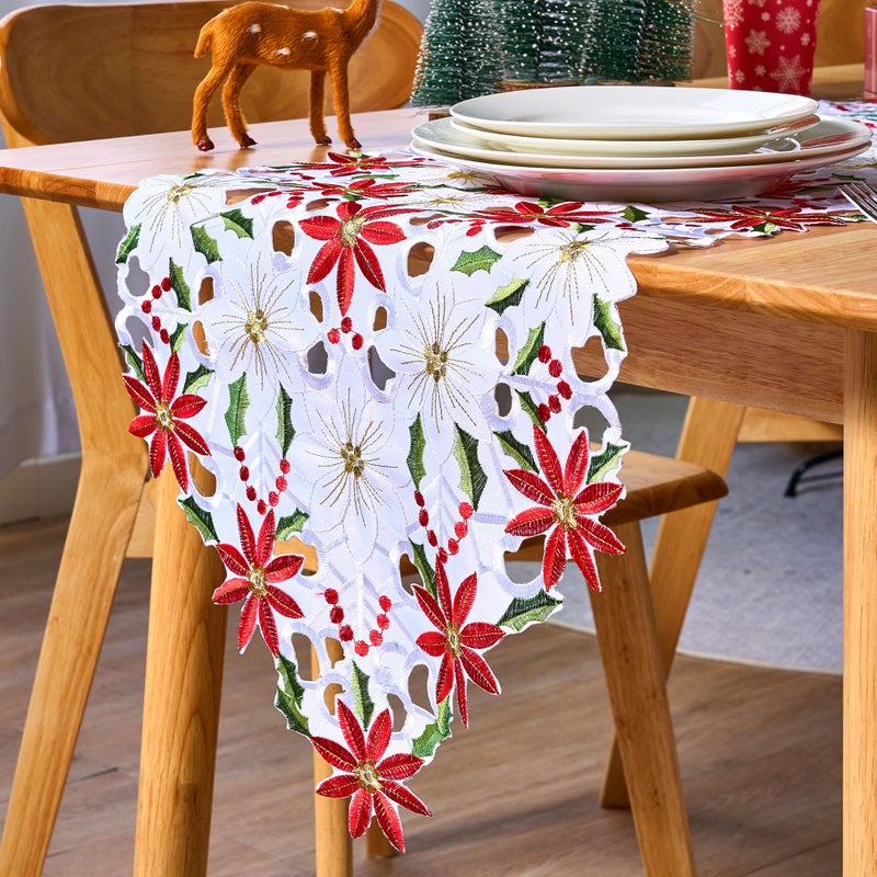 Joiedomi Christmas Flower Table Runner Embroidered Poinsettia Holly Leaf Table Runner for Christmas Decorations