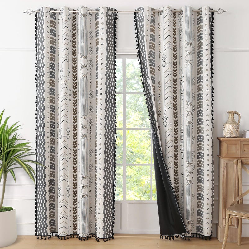 ColorBird Colorbirtd 100% Blackout Boho Curtains Heat Sun Blocking for Bedroom Living Room 84 Inches Thermal Curtains for Summer Heat Sun Blocking Black and White Western Southwest Black Out Drapes Sliding Door - Image 1