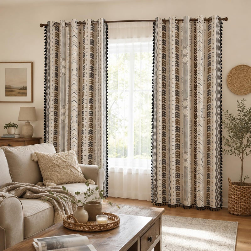 ColorBird Colorbirtd 100% Blackout Boho Curtains Heat Sun Blocking for Bedroom Living Room 84 Inches Thermal Curtains for Summer Heat Sun Blocking Black and White Western Southwest Black Out Drapes Sliding Door - Image 2
