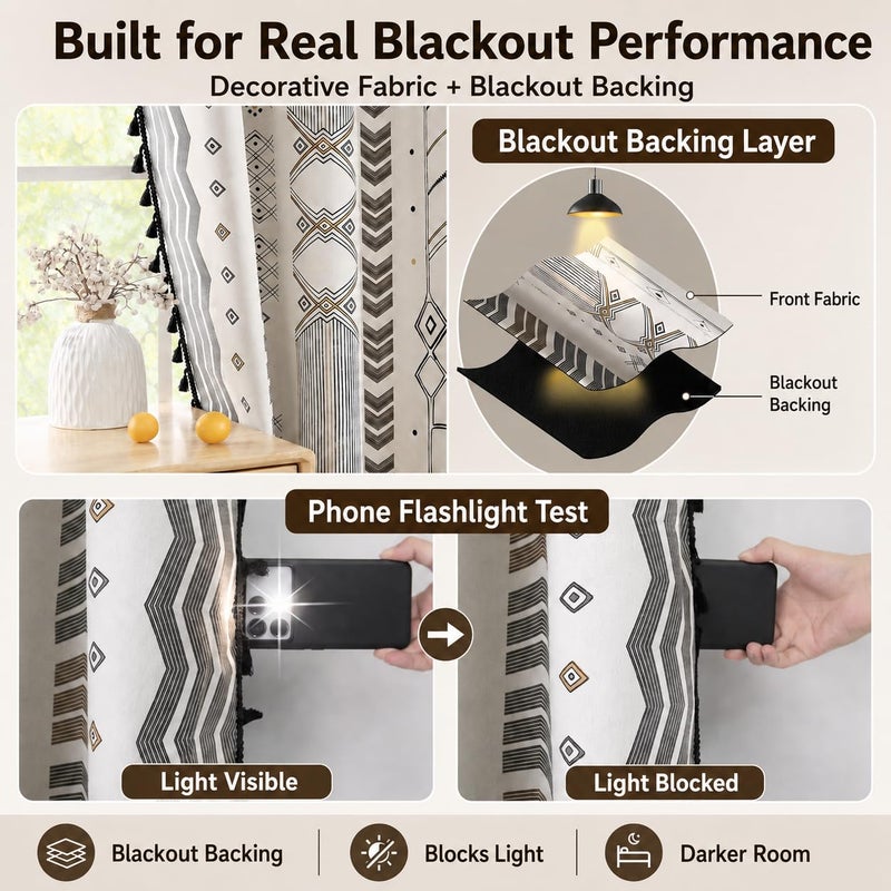ColorBird Colorbirtd 100% Blackout Boho Curtains Heat Sun Blocking for Bedroom Living Room 84 Inches Thermal Curtains for Summer Heat Sun Blocking Black and White Western Southwest Black Out Drapes Sliding Door - Image 4
