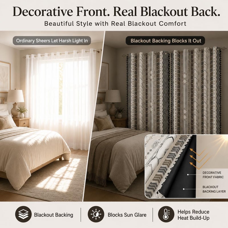 ColorBird Colorbirtd 100% Blackout Boho Curtains Heat Sun Blocking for Bedroom Living Room 84 Inches Thermal Curtains for Summer Heat Sun Blocking Black and White Western Southwest Black Out Drapes Sliding Door - Image 3