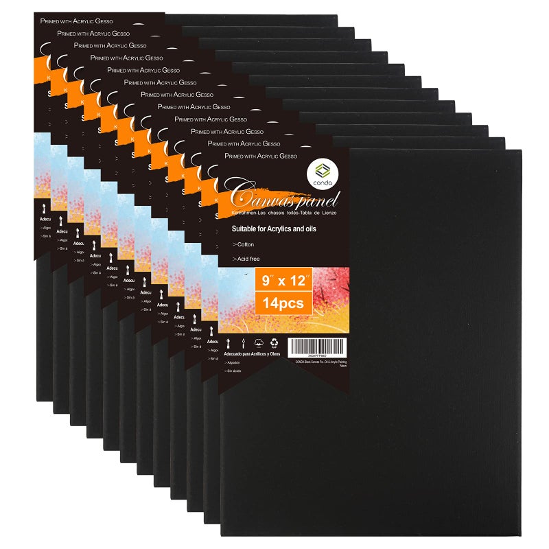 CONDA Black Canvases for Painting 9x12 inch, Pack of 14, 100% Cotton Acid-Free, 8 oz Gesso-Primed, Canvas Panels, Art Boards for Oil & Acrylic Painting - Image 1