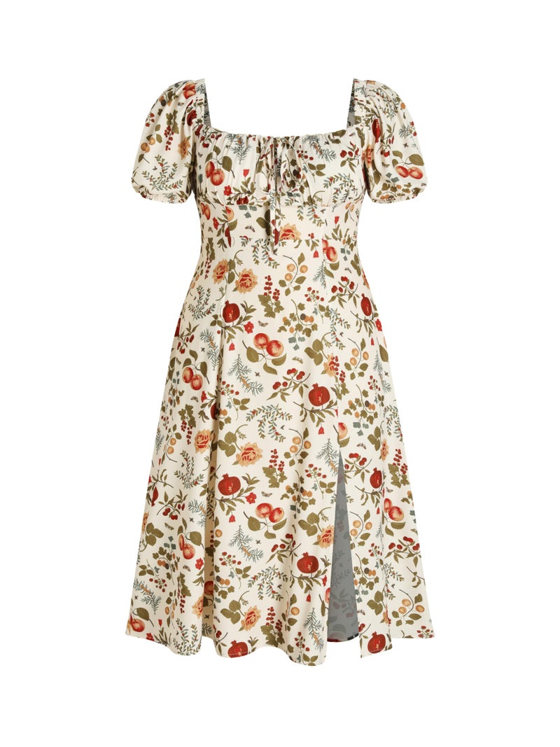 CIDER Women's Plus Size Dress Floral Fruit Square Neck Puff Sleeve Split Sun Dress Summer Midi Dresses Vacation Outfits Ivory - Image 1