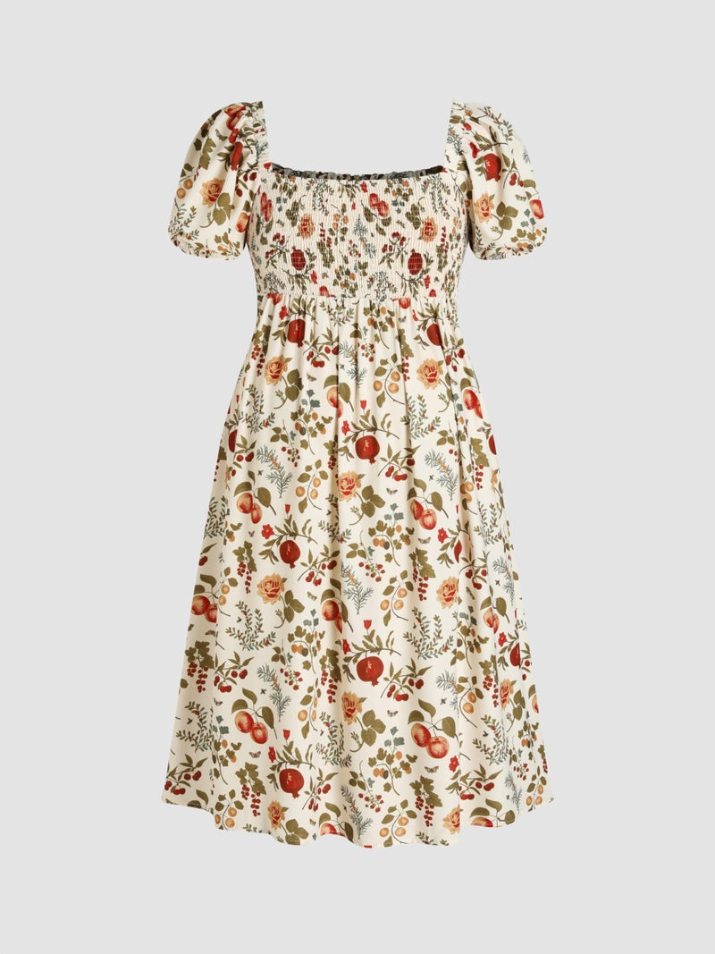 CIDER Women's Plus Size Dress Floral Fruit Square Neck Puff Sleeve Split Sun Dress Summer Midi Dresses Vacation Outfits Ivory - Image 5
