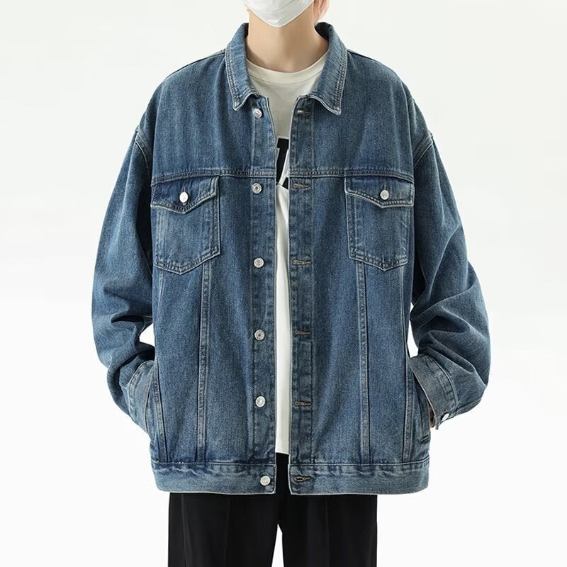 Men's Vintage Washed Denim Jacket, Loose Fit Multi-Pocket Lapel Collar - Image 4