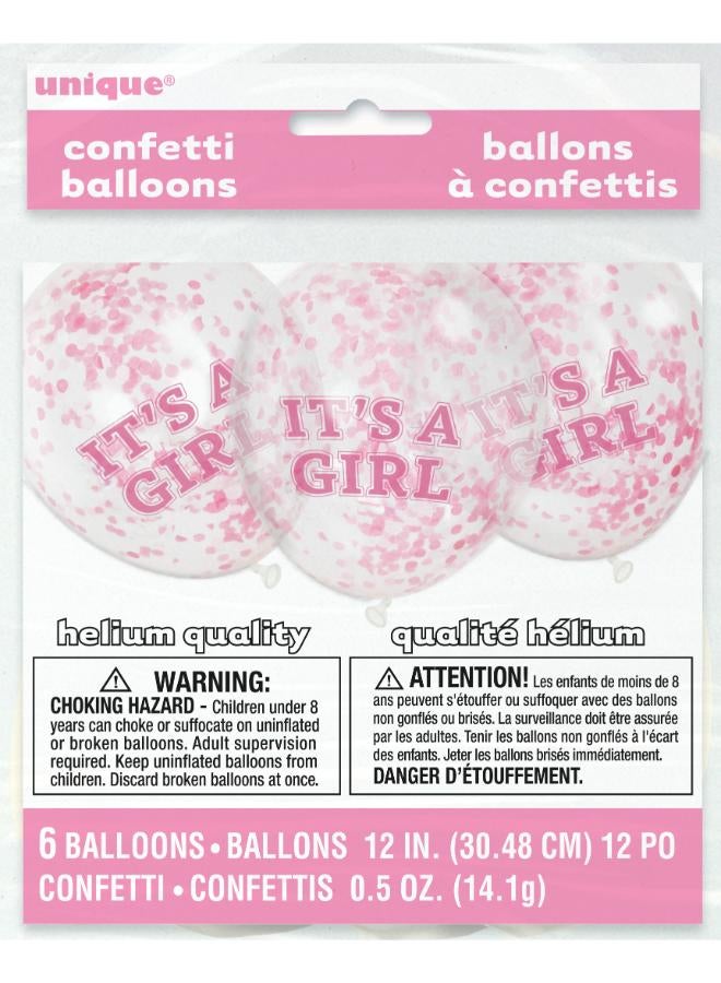 Unique 6 Pack 12" It'S A Girl Pink Confetti Balloons - Image 1