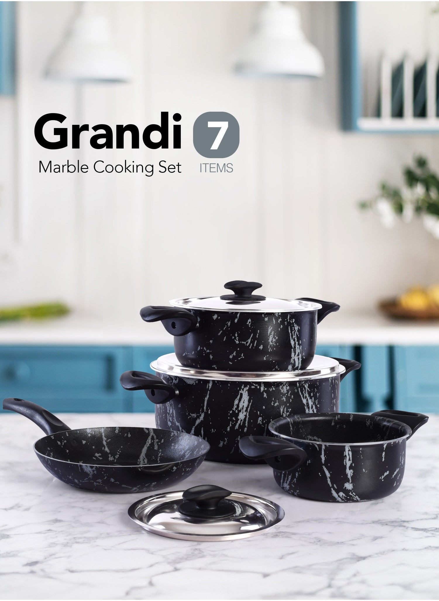 7-Piece Marble Cookware Set Aluminum Pots And Pans Non-Stick Surface Bakelite Handle Stainless Steel Lids PFOA Free granite 16-20-26-20 cm 