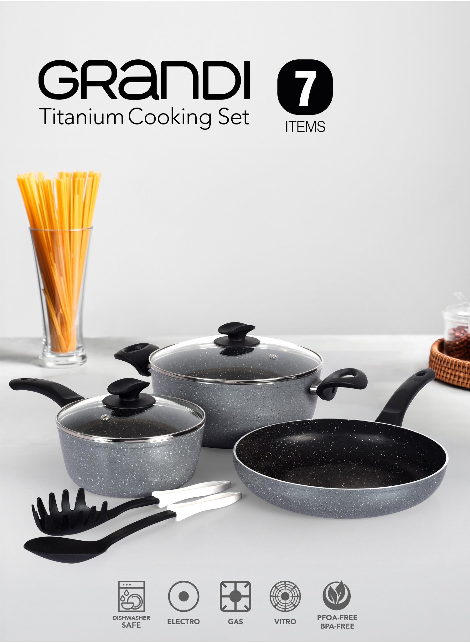 Grandi 7 Piece Non-Stick Cookware Set Aluminum Pots And Pans Non-Stick Surface Bakelite Handle Pyrex Lid PFOA Free Grey Granite 24+24+18 cm 