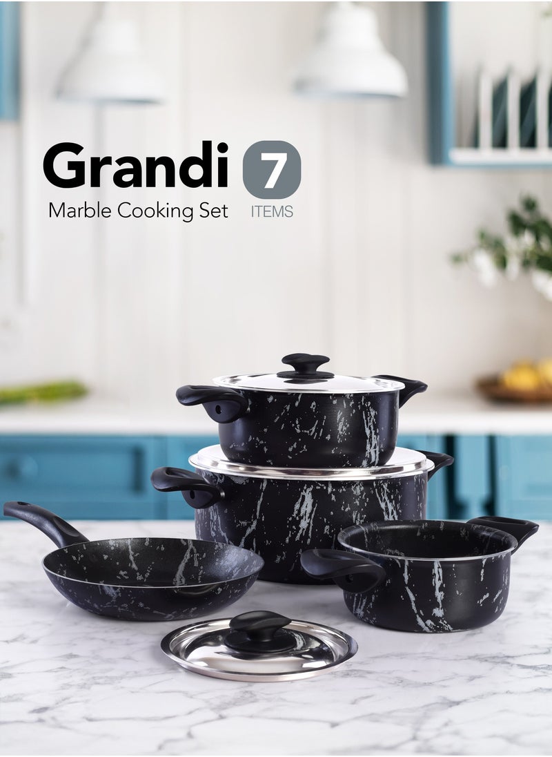 7 Piece Non-Stick Cookware Set Aluminum Pots And Pans Non-Stick Surface Bakelite Handle Stainless Steel Lids PFOA Free Black Marble 16+20+26+20 cm - pzsku/ZBCD2CC576D9EB0FAEFDFZ/45/_/1738655435/b9133b4b-2de2-4377-ab39-818de6134faa