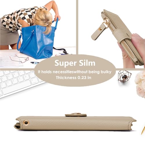 M-Plateau Wallet, Womens card Holder Leather Keychain Wallet With Zipper Coin Pocket ID Window Wrist Strap Gift Box (Khaki) - Image 3