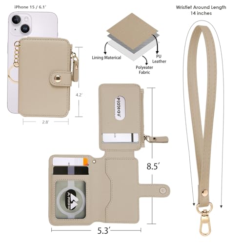 M-Plateau Wallet, Womens card Holder Leather Keychain Wallet With Zipper Coin Pocket ID Window Wrist Strap Gift Box (Khaki) - Image 4