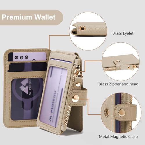 M-Plateau Wallet, Womens card Holder Leather Keychain Wallet With Zipper Coin Pocket ID Window Wrist Strap Gift Box (Khaki) - Image 2