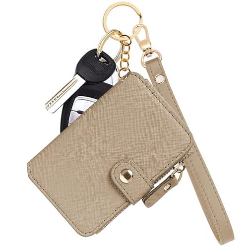 M-Plateau Wallet, Womens card Holder Leather Keychain Wallet With Zipper Coin Pocket ID Window Wrist Strap Gift Box (Khaki) - Image 1