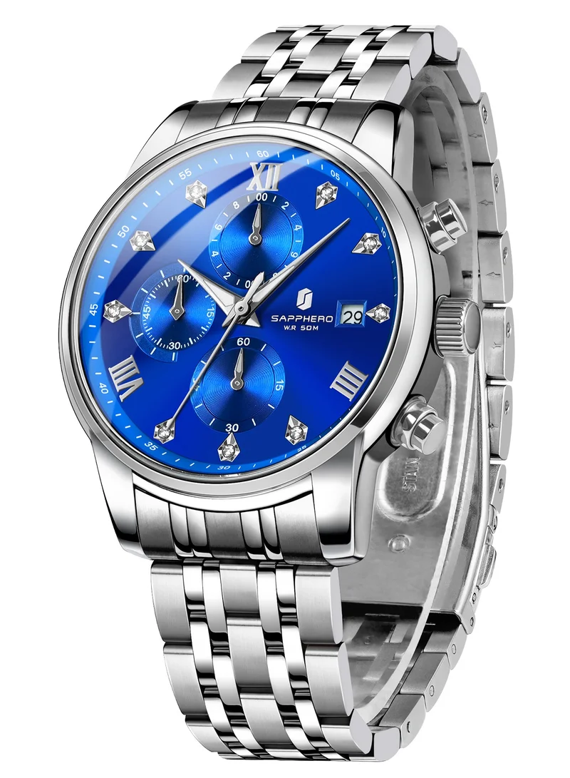Sapphero SAPPHERO Round Stainless Steel Watch for Men, 50M Waterproof Luminous Stylish Mens Gift Wristwatch with Date Display and Analog Quartz Design