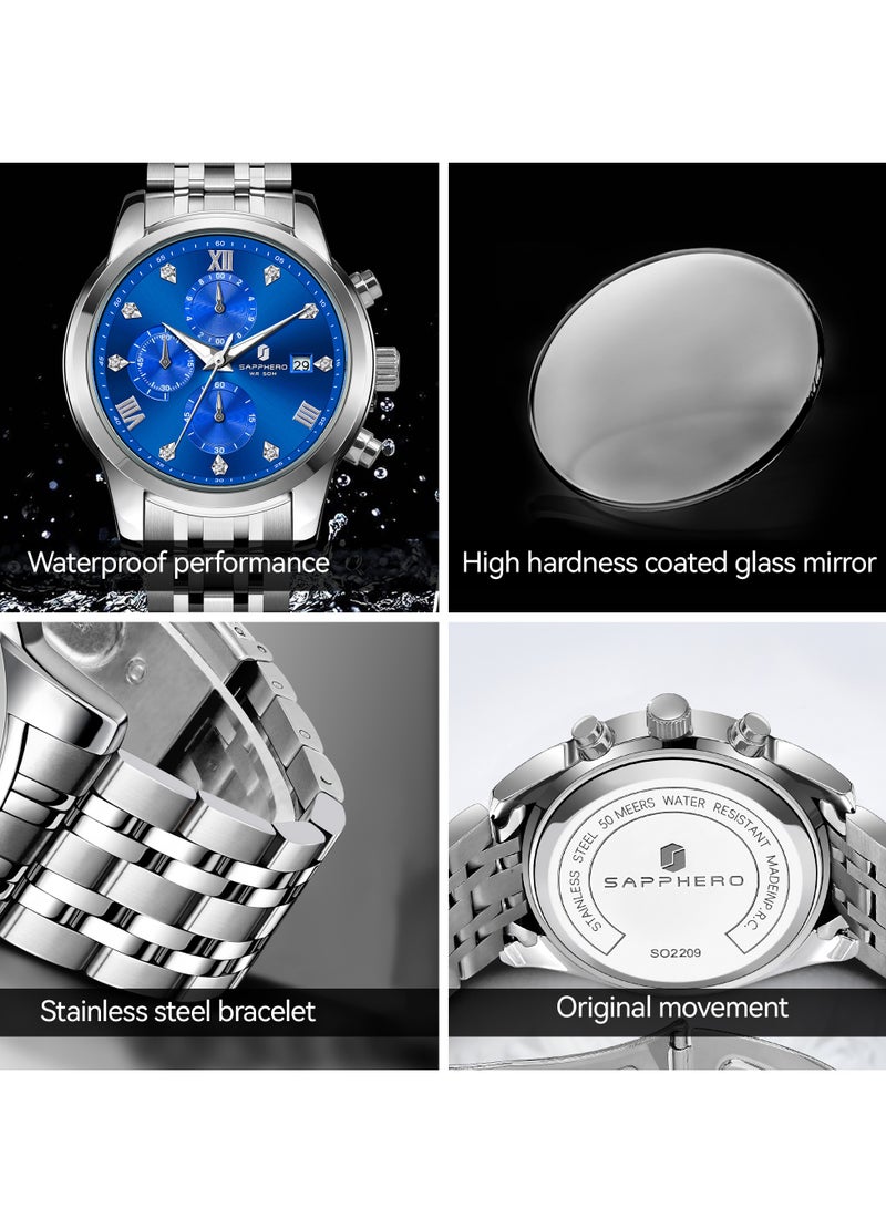 SAPPHERO Round Stainless Steel Watch for Men, 50M Waterproof Luminous Stylish Mens Gift Wristwatch with Date Display and Analog Quartz Design - Image 3