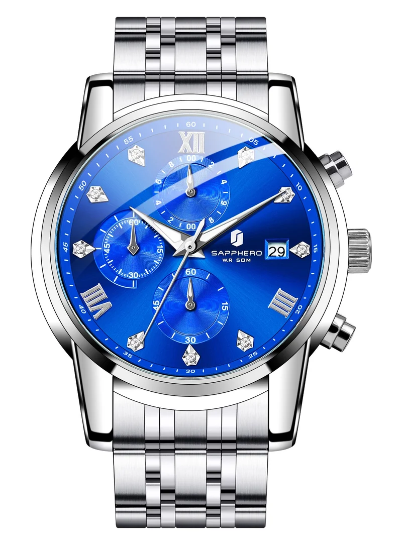 Sapphero  SAPPHERO Round Stainless Steel Watch for Men, 50M Waterproof Luminous Stylish Mens Gift Wristwatch with Date Display and Analog Quartz Design for Men | Best Price UAE