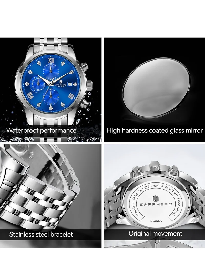 Sapphero SO2209 sliver SAPPHERO Round Stainless Steel Watch for Men, 50M Waterproof Luminous Stylish Mens Gift Wristwatch with Date Display and Analog Quartz Design for Men | Best Price UAE