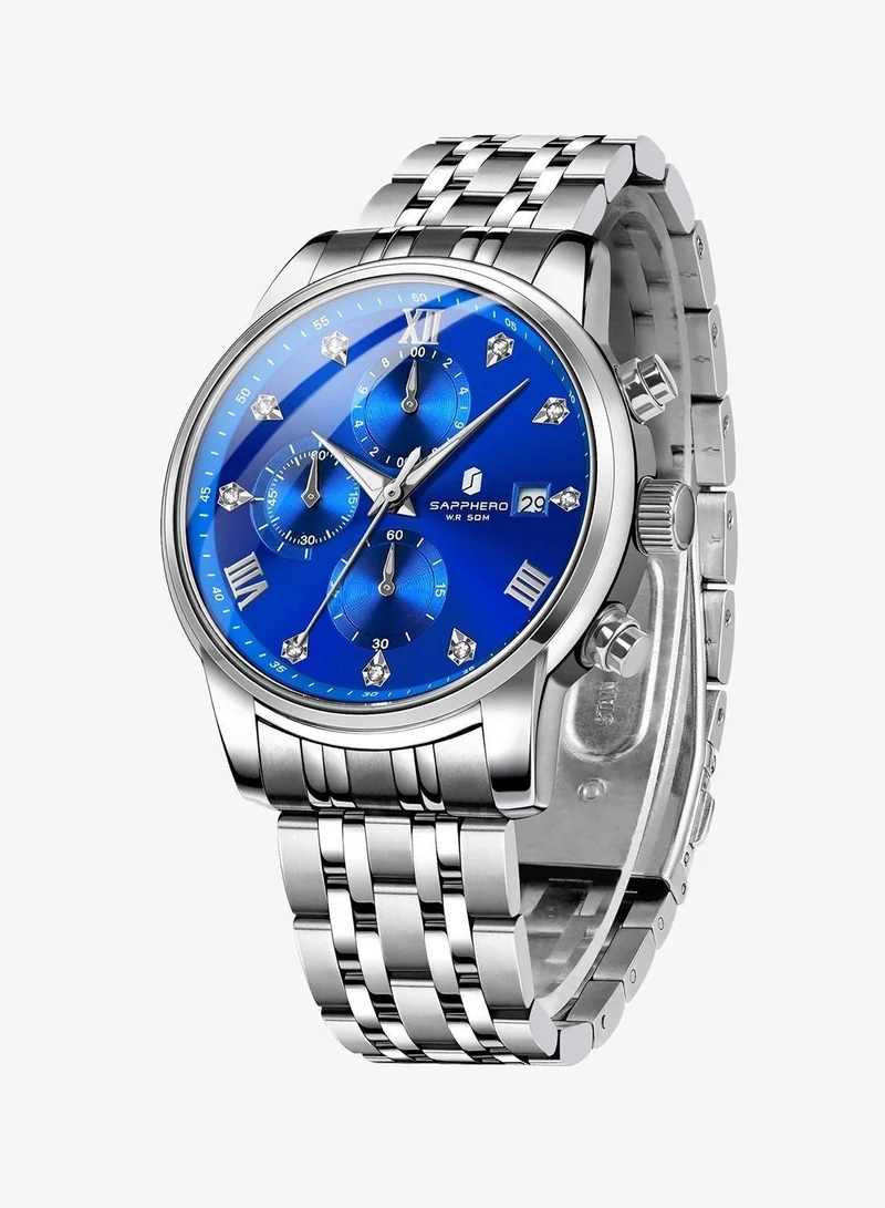Sapphero SO2209 sliver SAPPHERO Round Stainless Steel Watch for Men, 50M Waterproof Luminous Stylish Mens Gift Wristwatch with Date Display and Analog Quartz Design for Men | Best Price UAE