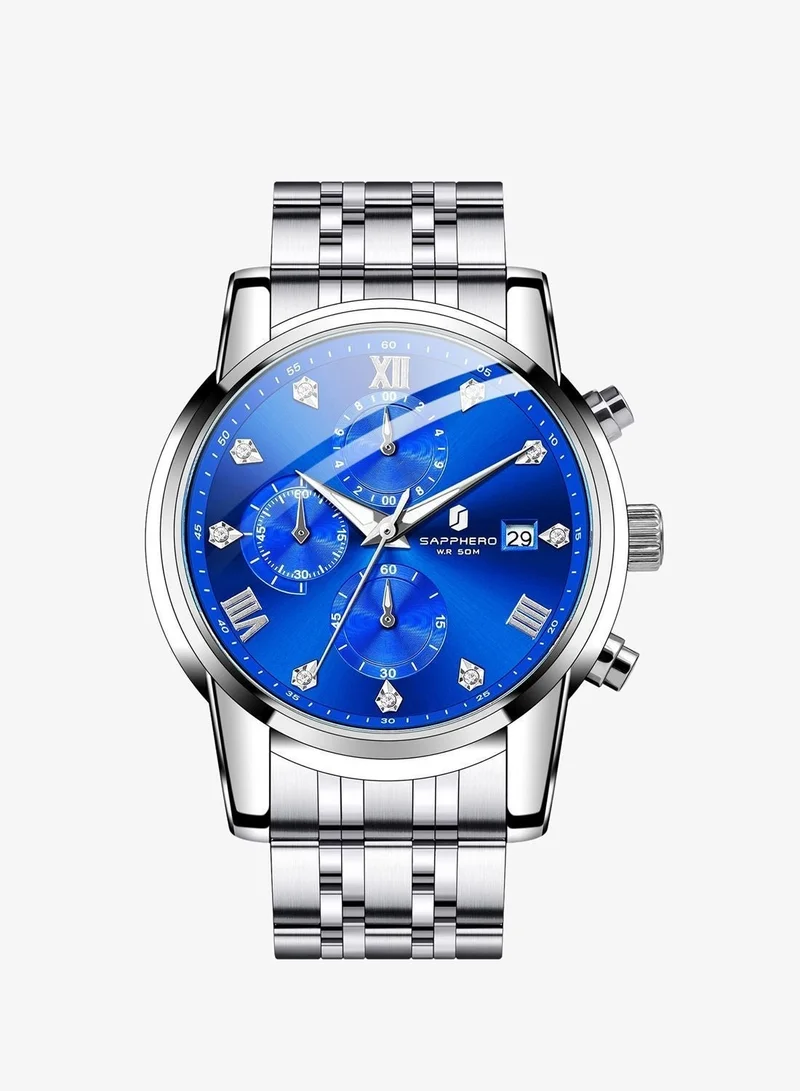 Sapphero SO2209 sliver SAPPHERO Round Stainless Steel Watch for Men, 50M Waterproof Luminous Stylish Mens Gift Wristwatch with Date Display and Analog Quartz Design for Men | Best Price UAE