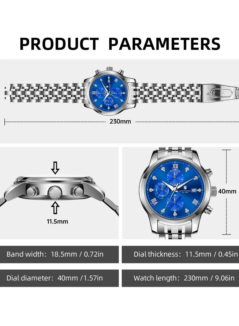 Sapphero SO2209 sliver SAPPHERO Round Stainless Steel Watch for Men, 50M Waterproof Luminous Stylish Mens Gift Wristwatch with Date Display and Analog Quartz Design for Men | Best Price UAE