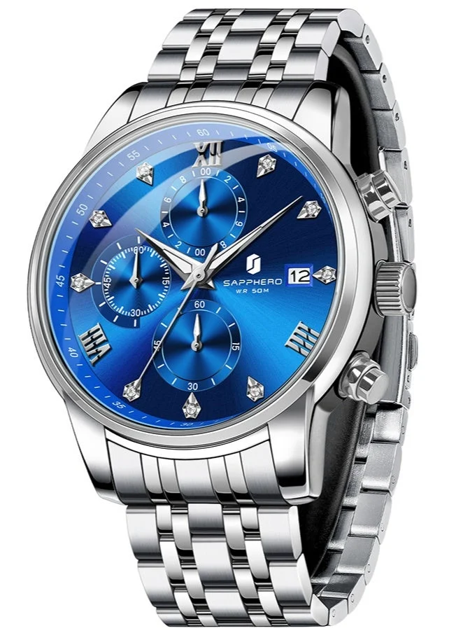 Sapphero SAPPHERO Round Stainless Steel Watch for Men, 50M Waterproof Luminous Stylish Mens Gift Wristwatch with Date Display and Analog Quartz Design