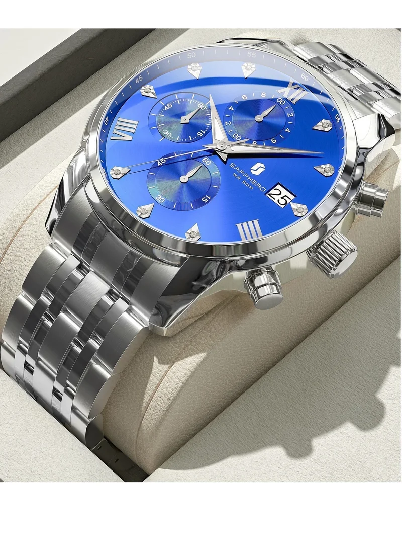 Sapphero SO2209 sliver SAPPHERO Round Stainless Steel Watch for Men, 50M Waterproof Luminous Stylish Mens Gift Wristwatch with Date Display and Analog Quartz Design for Men | Best Price UAE
