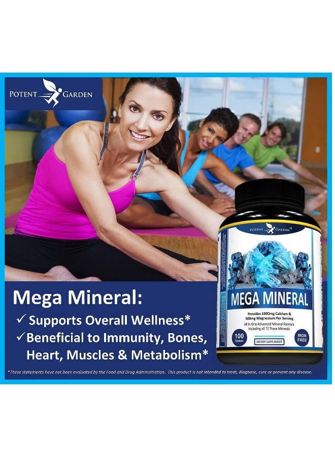 Mega Mineral Supplement Complete Mineral Complex With Calcium Magnesium Zinc Potassium Boron Selenium Chromium & 72 Trace Minerals Iron Free Calcium Supplement -100 Pills