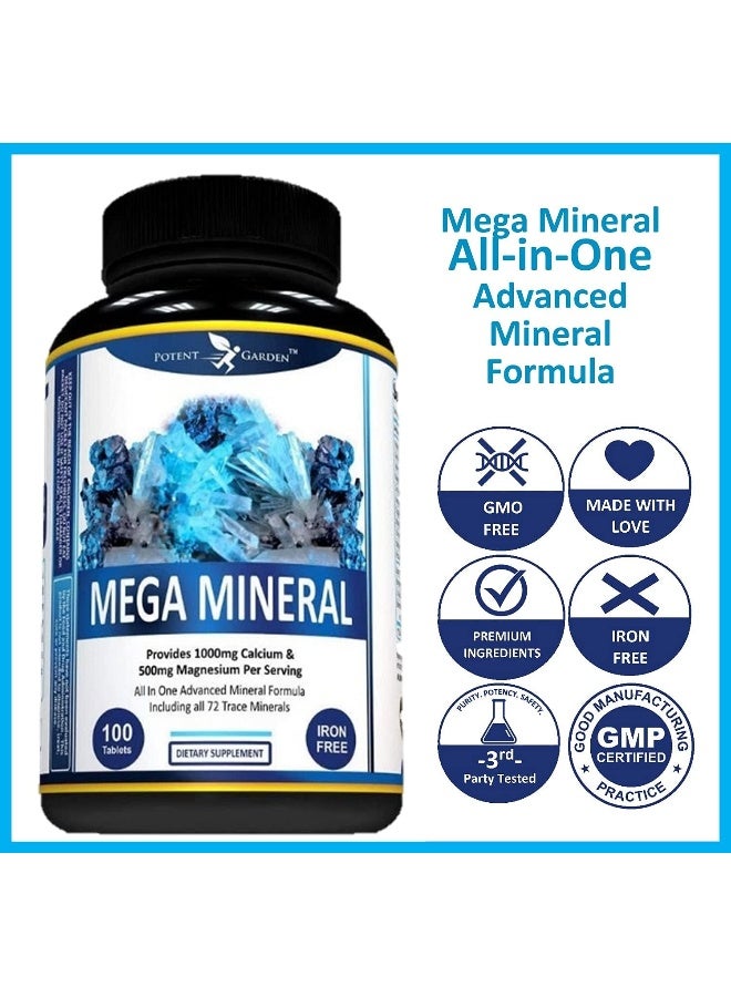 Mega Mineral Supplement Complete Mineral Complex With Calcium Magnesium Zinc Potassium Boron Selenium Chromium & 72 Trace Minerals Iron Free Calcium Supplement -100 Pills