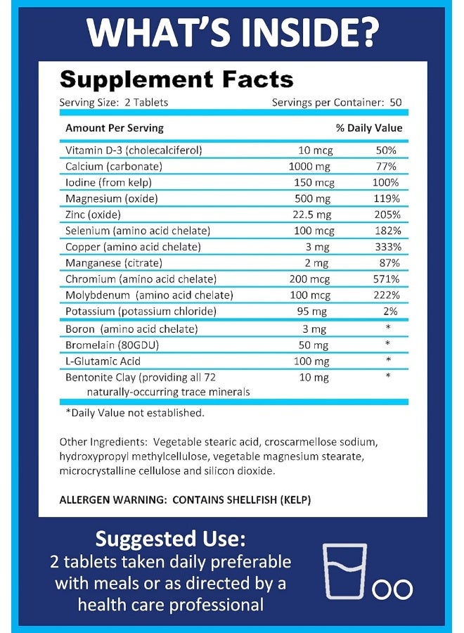 Mega Mineral Supplement Complete Mineral Complex With Calcium Magnesium Zinc Potassium Boron Selenium Chromium & 72 Trace Minerals Iron Free Calcium Supplement -100 Pills