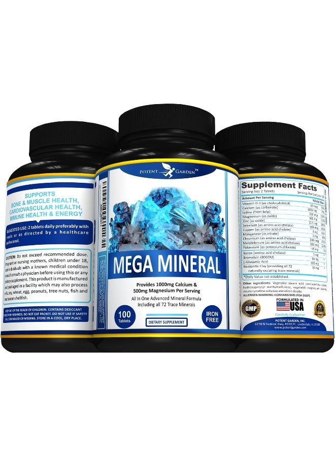 Mega Mineral Supplement Complete Mineral Complex With Calcium Magnesium Zinc Potassium Boron Selenium Chromium & 72 Trace Minerals Iron Free Calcium Supplement -100 Pills