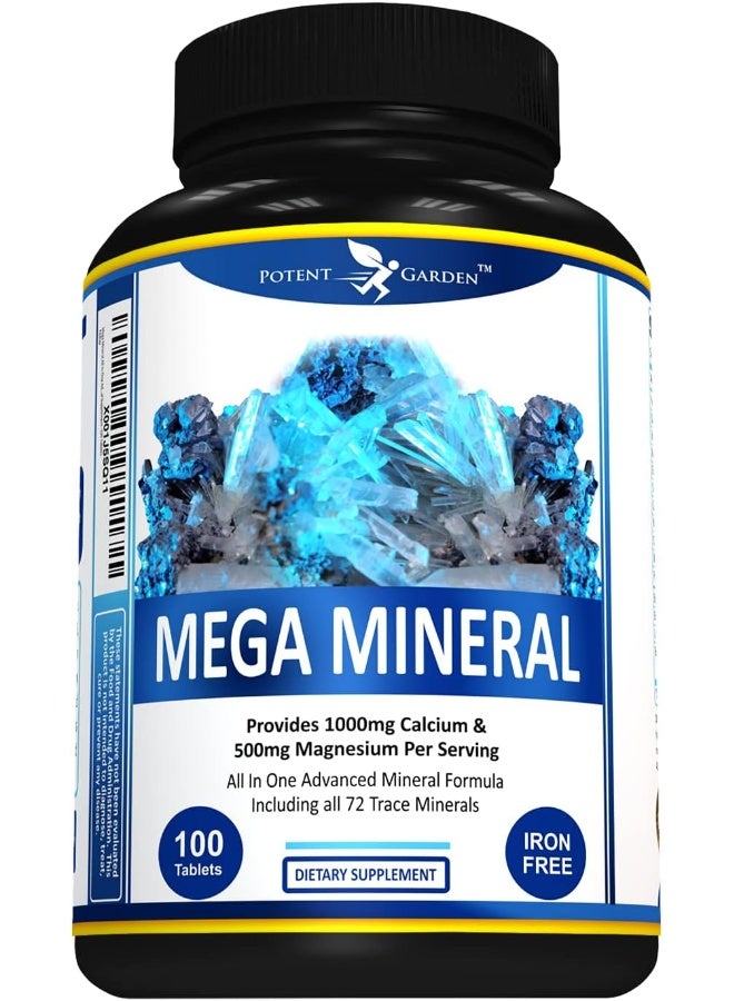 Mega Mineral Supplement Complete Mineral Complex With Calcium Magnesium Zinc Potassium Boron Selenium Chromium & 72 Trace Minerals Iron Free Calcium Supplement -100 Pills