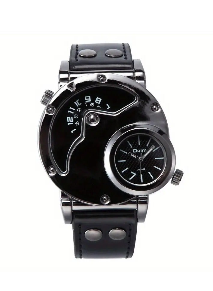 أولم Oulm أولم الرجال مزدوجة المنطقة الزمنية الرياضة الساعة الكوارتز - الجلد العادي، الفولاذ المقاوم للصدأ حالة، حزام الجلد الأصلي - فكرة هدية مثالية - Image 1