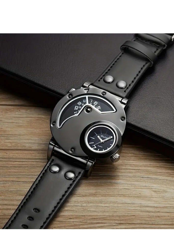 أولم Oulm أولم الرجال مزدوجة المنطقة الزمنية الرياضة الساعة الكوارتز - الجلد العادي، الفولاذ المقاوم للصدأ حالة، حزام الجلد الأصلي - فكرة هدية مثالية - Image 2