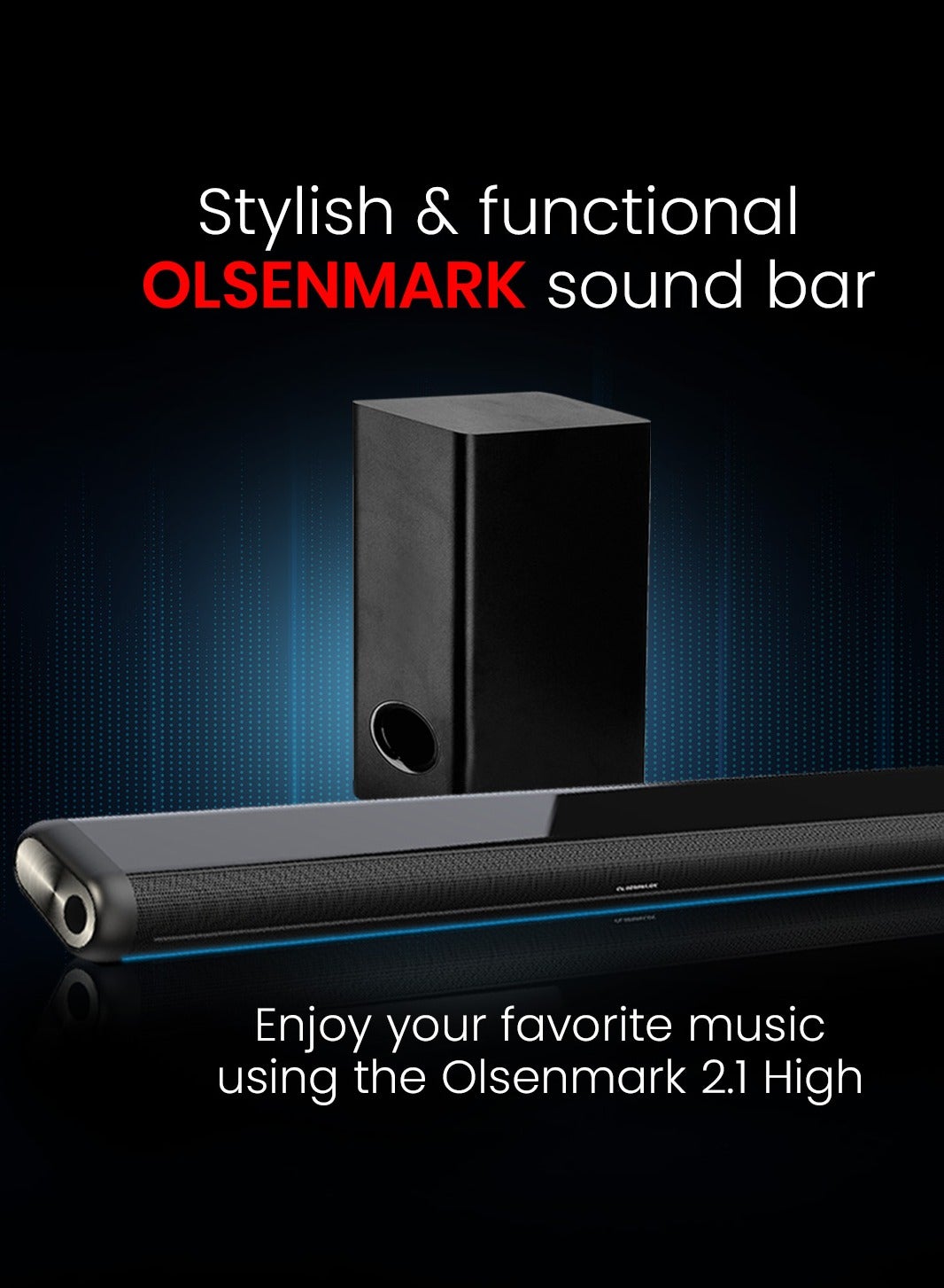 OLSENMARK OMMS1286, 2.1 High Bass Sound Bar, 1400W PMPO Sound Bar, Bluetooth, USB, AUX Connection, Mini Sound, Audio System for TV Speakers, Home Theater, Gaming, Projectors