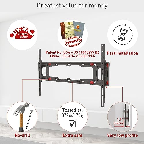 Barkan TV Wall Mount, 13-75 inch Fixed, Drywall No Stud No Drill Flat/Curved Screen Bracket, Holds up to 95lbs, Auto Lock Patented, Fits LED OLED LCD - Image 4