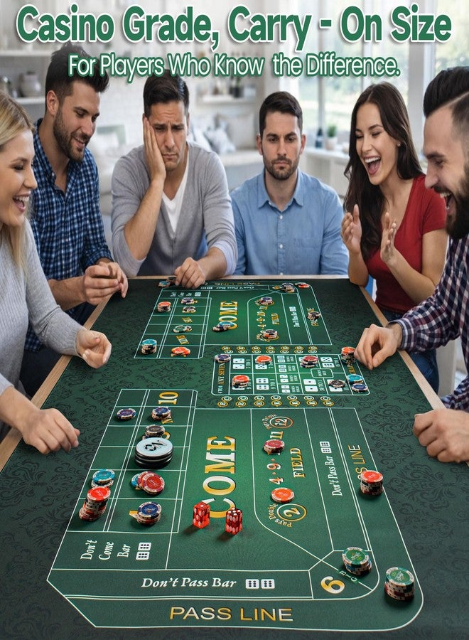 مجموعة حصيرة طاولة لعبة الكرابس مقاس 70 × 35 بوصة مع 5 نرد كازينو من الدرجة AAA مقاس 19 مم وزر تشغيل/إيقاف، تصميم لعبة الكرابس للترفيه المنزلي، حصيرة لعبة الكرابس محمولة مانعة للانزلاق ومقاومة للماء مع حقيبة بسحاب (70 × 35 بوصة) - Image 4