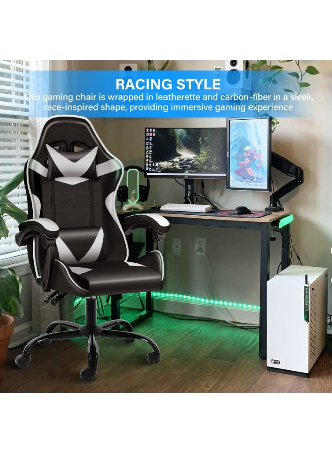 Gaming Chair Adjustable Computer Chair PC Office PU Leather High Back Lumbar Support Comfortable Armrest Headrest Silver and Black - Image 4