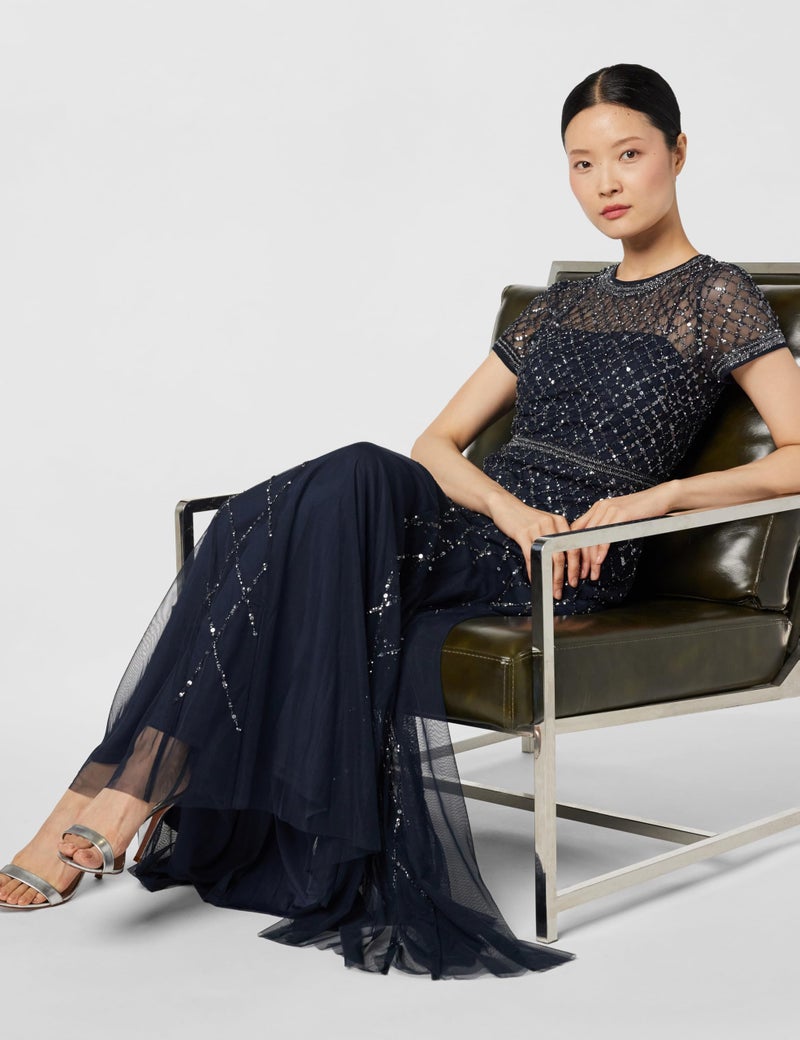 Adrianna Papell Women's Short-Sleeve Grid Beaded Gown, Navy, 16 - Image 3